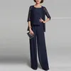 2019 New 3 Pieces Mother of The Bride Pant Suits with Lace Jacket Navy Blue Chiffon Elegant Evening Formal Dresses 2019