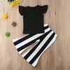 2019 Nya Baby Girls Sommar Outfits Mode Kids Kläder Satser Barn Brev Tryckt T-shirt + Stripe Bell-Bottom Trousers 2PCS Passar Y2251