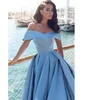 파란색 어깨 새틴 이브닝 드레스 A- 라인 ruched 하이 스플릿 섹시한 형식 긴 무도회 가운 비치 레드 카펫 드레스 플러스 사이즈 커스텀