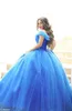 Azul royal princesa quinceanera fora do ombro mangas varredura trem vestidos de baile vestido doce abendkleider vestidos 15 anos