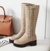 Hot Sale-Plus size 33 to 42 43 fashion chunky heel lace up side zip knee high knight boots 5cm brown black beige