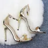 Duży rozmiar Kobiety Designer Sandały Silver Gold High Heel Heel Strap Buty Letnie Super Cienkie Heel Skórzane Buty