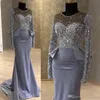 Elegant Grey Evening Sheer Coude Crystals Crystals Satin Manches longues Fête Fête Péplum Pageant Célébrité Robes Robe