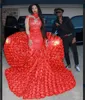 Sexy Red Rose Formal Evening Dresses Illusion Long Sleeves High Neck Lace Appliques Women Party Gowns Sweep Train Mermaid Prom Dresses