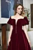 Vintage Wine Red Flat Velvet Women Prom Gown Unique See Through Neckline Short Sleeves A-line Party Dress Custon Made