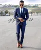 Esmoquin de boda azul 2019 Trajes de fiesta ajustados con solapa con muescas y dos botones Ropa de novio para hombres (chaqueta + pantalón + chaleco + corbata)