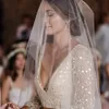반짝이는 라이트 가벼운 골드 웨딩 드레스 긴 소매 V 넥 스팽글 신부 가운 뒤 까다로운 Vestido de Novia