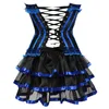 Tiered Lacy Ruffle Satin Overbust Corset med svart kontrast Mini Layered Skirt Kvinnor Burlesque Corset Kjol Outfit Big Plus Size S-6XL Mult