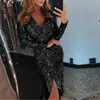 High Slit Sequined Dress Kvinnor Långärmad Plunge Klänningar Sexig V Neck Party Klänning Höst Asymmetrisk Bodycon Vestidos Mujer