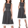 Vfemage Women Notch V Neck Colorblock Patchwork Pockets Pleated Work Office Business Casual Party Flare A-Line Skater Dress 1031