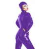 PVC Islak Bak Kapüşonlu Catsuit Kadınlar Seksi Uzun Kollu Tulum Fermuar Açık Kasık Clubwear Fantezi Catwoman Cosplay Bodycon Bodysuit