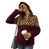 Women Leopard Patchwork Pullover Long Sleeve Zipper Sherpa Sweatshirt Soft Fleece Outwear with Pockets Tops Hoodie coat LJJA3035