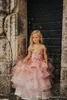 Pretty Pembe Katmanlı Etekler Kızlar Pageant Elbise Prenses Çiçekler Kız Elbiseler Aplikler Kısa Kollu Toddlers Çocuklar İlk Communion Gowns