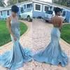 Sexig halter Sequins Dusty Blue Prom Klänningar Baklösa Satin Sweep Train Luxury Sequins Beaded Custom Made Plus Size Long Evening Party Grows