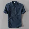 Chemise à manches courtes en lin et coton pour hommes, col montant, avec bouton, blanc, vert, bleu, chemises décontractées d'été, New225r