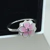 Blass kirschroter Emaille-Magnolienblüten-Ring, Originalverpackung für Pandora 925 Sterling Silber, rosa Blume, Damen-Ring-Sets