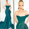 Pas cher robe de soirée formelle vert une épaule sans manches paillettes appliques robe de soirée froncé Satin balayage train robe de retour