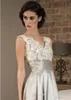 Vintage grijze thee-lengte korte trouwjurken V-hals plooien Applicaties Kant Cap Mouw Custom Made Trouwjurk Vestido de Novia