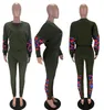 المرأة رسالة طباعة رياضية التطريز Comouflage المرقعة كم طويل هوديي البلوز + سروال اللباس 2 قطعة مجموعة بدلة عادية 4 ألوان