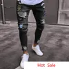 Men Hot Ripped Jeans Knee Holes Draped Long Pencil Pants Zippers Design Male Long Trousers