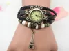 Eiffel Tower Tag bracelet watch Rope Weave lady personality vintage clock Beads circle leather Strap Alloy Pendant wristwatch