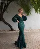 Grön Sequined Muslim Evening Dresses Lång 2020 Deep V-Neck Full Sleeves Sexig Backless Formal Mermaid Evening Gowns Vestido de Festa Longo