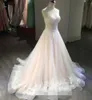 Rosa lindo um blush linha vestidos de renda apliques trem varredura organza frisado lantejoulas casamento vestido de noiva novia pplique