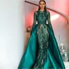2020 New Sparkly Green Mermaid Prom Dresses Jewel Neck Lace Sequined Long Sleeves Detachable Train Evening Dresses Women Formal Party Gowns