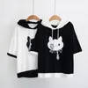 Mulheres outono moda hoodies pulôver japonês gato palavras hoodies harajuku kawaii feminino preto branco retalhos moletom y1908296186868