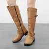 Hot Sale Designer Halv Knight Knight Boots Rund Toe Plus Storlek Skor Kvinnor Chunky Heels With Buckle 4 Färg Solid Booties