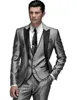 New Popular One Button Shiny Silver Grey Groom Tuxedos Peak Lapel Men Wedding Party Groomsmen 3 pieces Suits (Jacket+Pants+Vest+Tie) K89