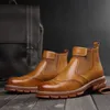 Bullock Esculpido couro Natural Botas Homens Plataforma Botas de combate da moda casual ankle boots de couro do vintage para homens Botas Invierno Hombre