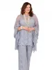 Modern Mother of the Bride Pant Suits Long Sleeves Three Pieces Silver Gray Formal Women Groom Lace Mother Dresses