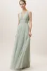 2019 BHLDN dama de honra Vestidos V Neck Tulle mangas até o chão verde da hortelã ocasião formal vestido barato vestidos de noite