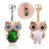 Wasit Belly Dance Green Owl Animal Crystal Body Jewelryステンレススチールラインストーンダイベルベルボタンピアスの喧騒のリング