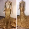 Sexy Illusion Bodice Gold Prom Dress Lange Mouwen Mermaid V-hals Speciale Gelegenheid Feestjurken Custom Changs