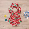 Pasgeboren baby meisjes kleding watermeloen print korte mouw ronde hals bodysuit strik hoofdband 2pc katoen casual zomer set