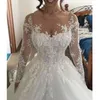 2019 Nuovi abiti da sposa eleganti abiti da ballo Abiti da sposa trasparenti con scollo rotondo Illusion maniche lunghe Tulle Applicazioni di pizzo Abiti da sposa taglie forti