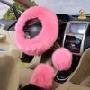 3Pcs/Set Winter Long Wool Car Steering Wheel Gear Knob Shifter Parking Brake Cover Warm Soft Plush Women Auto Accessories 6Color