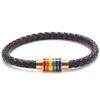 Moda Gay Lésbica Pulseira Lgbt Casal Rainbow Corda De Couro Trançado Pulseiras de Aço Inoxidável Fivela Magnética Pulseira Manguito Unisex