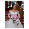 Sexy African A Line Wedding Dresses Scoop Neck Illusion Full Lace Pearls Beaded Long Sleeves Chapel Train Ball Gown Formal Bridal Gowns