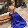 2019 prom naar prom jurken kralen afgedekte schouder zwart koningsblauw satijnen avondjurken uitgesneden open rug formele jurken op maat gemaakt
