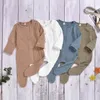 Baby Footies Kids Boys Girls Solid Article Pit Jumpsuits Infant Plaid Pocket Rompers Newborn Long Sleeve Knitted Button Onesies YP716