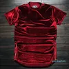 New Fashion Hi-Street Men Extended Shirt Velour Mens Hip Hop Longline T Shirts Golden Side Zipper Velvet Curved Hem Tee Black Red