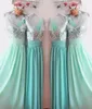 Mint Green Long Bridesmaid Dresses Silver Sequins V-Neck Golv Längd Sparkly Maid of Honor Dress Wedding Guest Goods Cheap