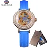 Forsining Mode Bleu Dame Diamant Or Fleur Mouvement Transparent Petite Dame Femmes Mécanique Squelette Montre Top Marque Luxury241R