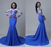 African Sexy Royal Blue Mermaid Prom Dresses High Jewel Neck Lace Appliqued Evening Gown Plus Size Formal Dress Evening Wear robes de soirée