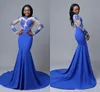 Africano Sexy Royal Blue Mermaid Prom Vestidos alta Jewel Neck Lace Appliqued Vestido de Noite Plus Size formais vestes desgaste vestido de noite de soirée