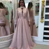 Elegant A Line Arabic Dubai Prom Dresses High Neck Long Sleeves 3D Flower Bead Formal Wear Floor Length Chiffon Evening Gown