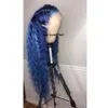 Vendendo 360 rendas frontal longa onda de água peruca azul escuro cor peruca dianteira do laço sintético com pré-plcuked perucas de cabelo do bebê para mulheres 8483752